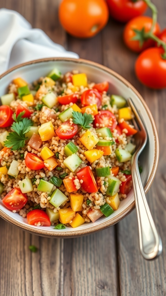 Refreshing Quinoa Salad Recipe A colorful quinoa salad with bell peppers, tomatoes, cucumbers, and parsley in a rustic bowl on a wooden table.